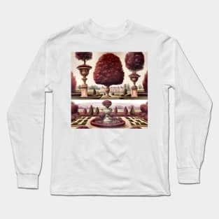 French chateau and formal garden in green and maroon Long Sleeve T-Shirt